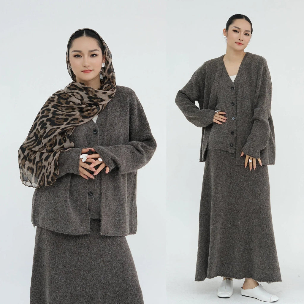 LM225 Ensemble Abaya Tricot Hiver 3 Pièces pour Femmes Musulmanes – Coordiné Modeste