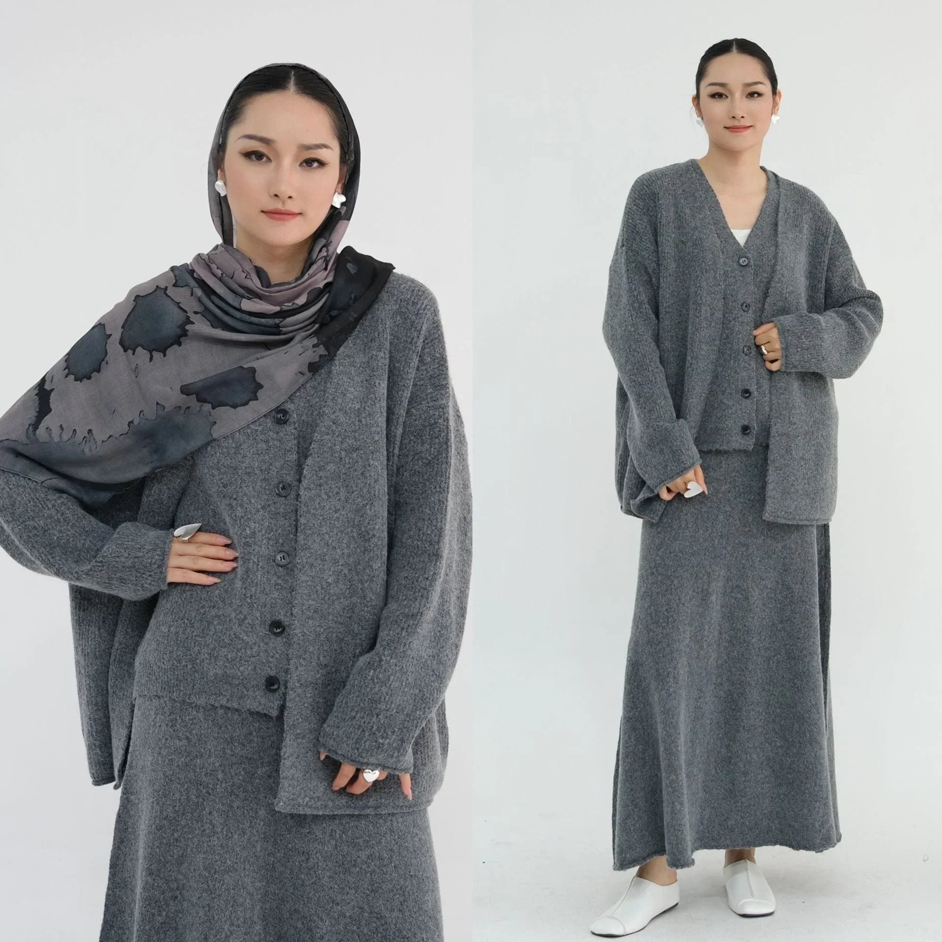 LM225 Ensemble Abaya Tricot Hiver 3 Pièces pour Femmes Musulmanes – Coordiné Modeste