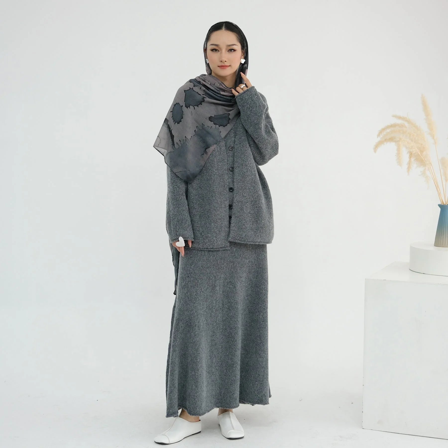 LM225 Ensemble Abaya Tricot Hiver 3 Pièces pour Femmes Musulmanes – Coordiné Modeste