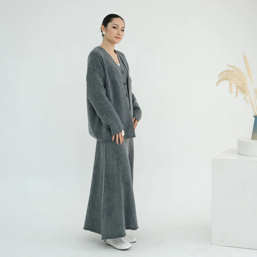 LM225 Ensemble Abaya Tricot Hiver 3 Pièces pour Femmes Musulmanes – Coordiné Modeste