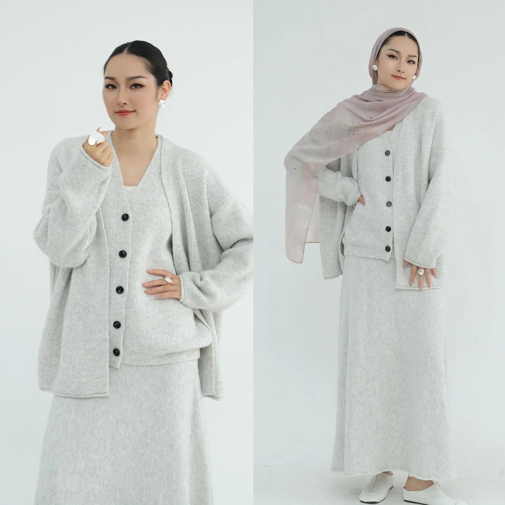 LM225 Ensemble Abaya Tricot Hiver 3 Pièces pour Femmes Musulmanes – Coordiné Modeste