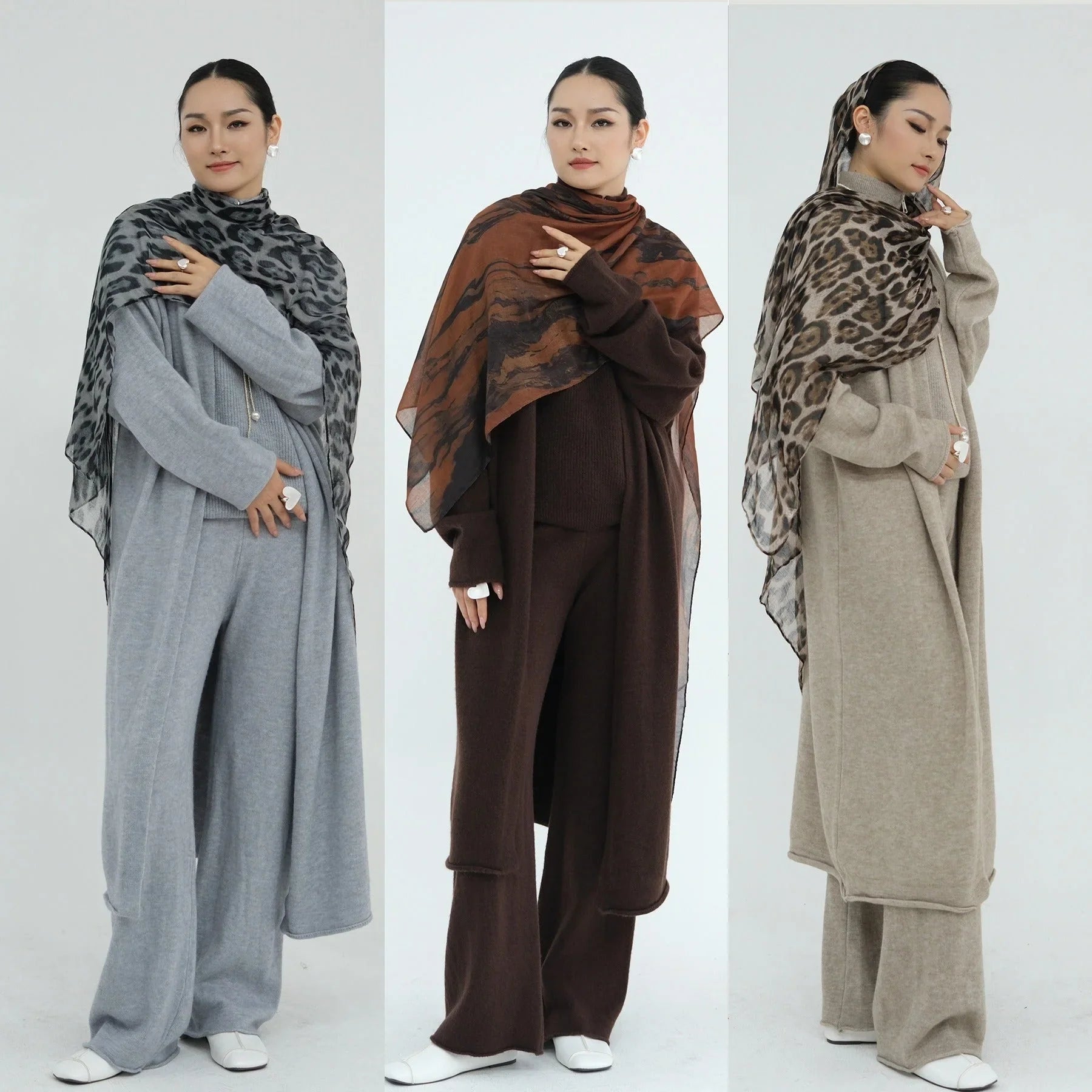 LM226 Ensemble Abaya Tricot Hiver 3 Pièces pour Femmes Musulmanes – Coordiné Modeste