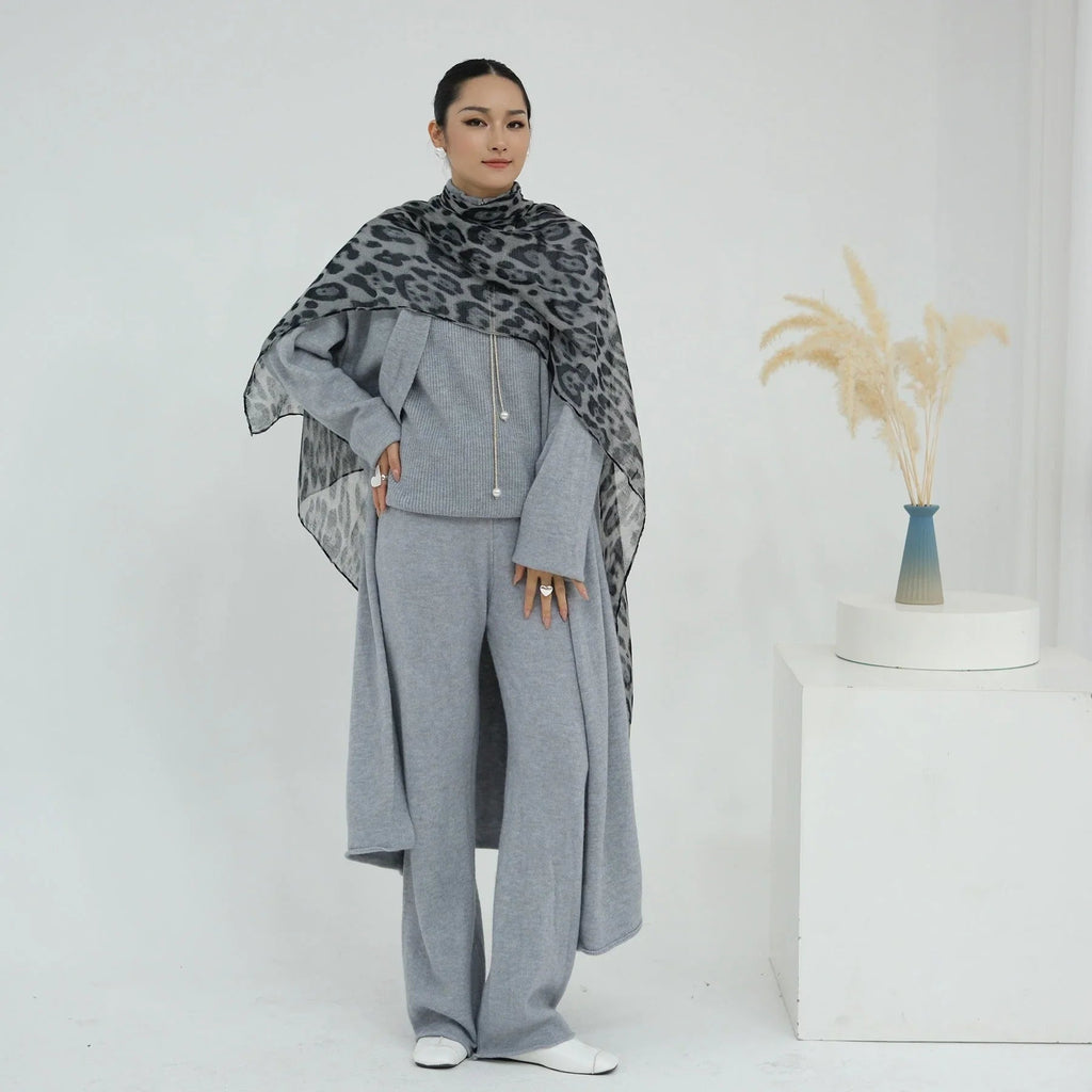 LM226 Ensemble Abaya Tricot Hiver 3 Pièces pour Femmes Musulmanes – Coordiné Modeste