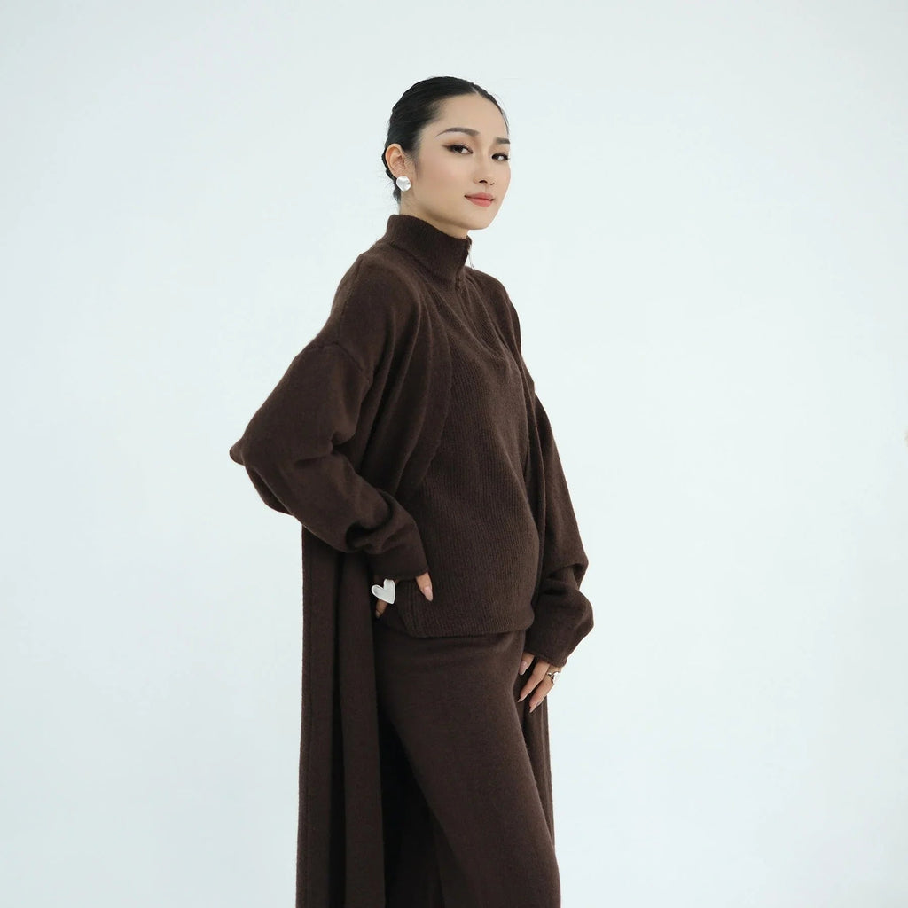 LM226 Ensemble Abaya Tricot Hiver 3 Pièces pour Femmes Musulmanes – Coordiné Modeste
