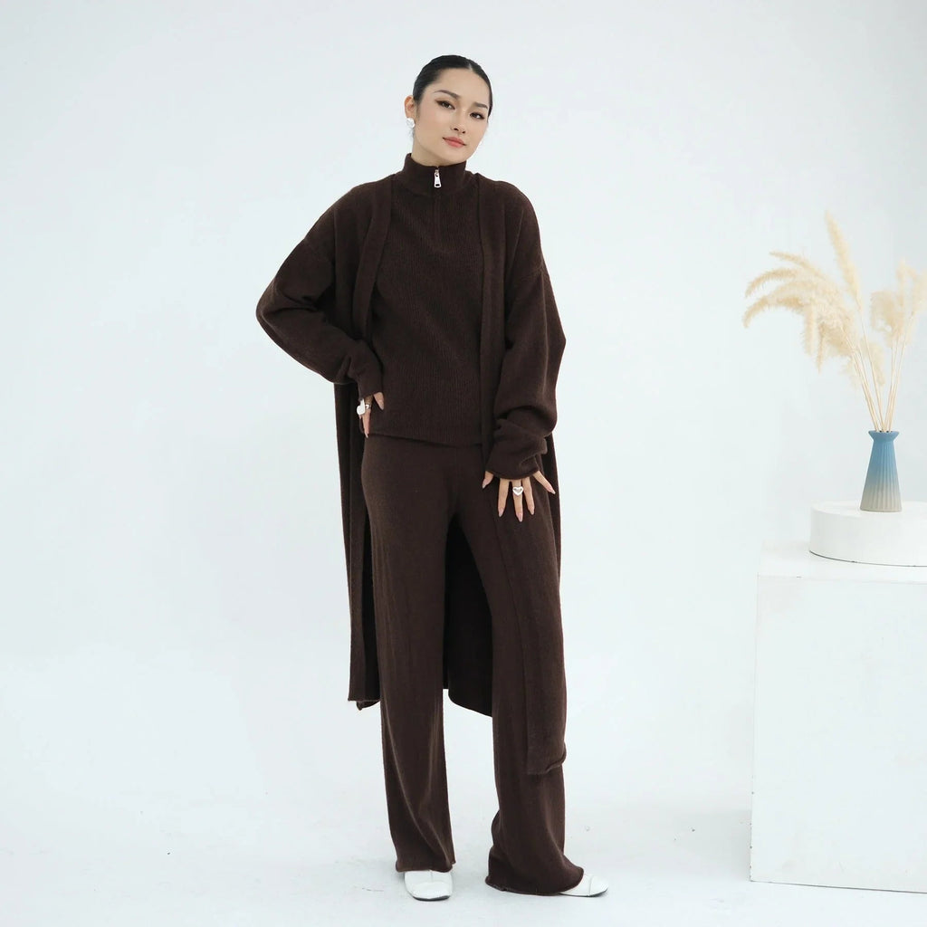 LM226 Ensemble Abaya Tricot Hiver 3 Pièces pour Femmes Musulmanes – Coordiné Modeste