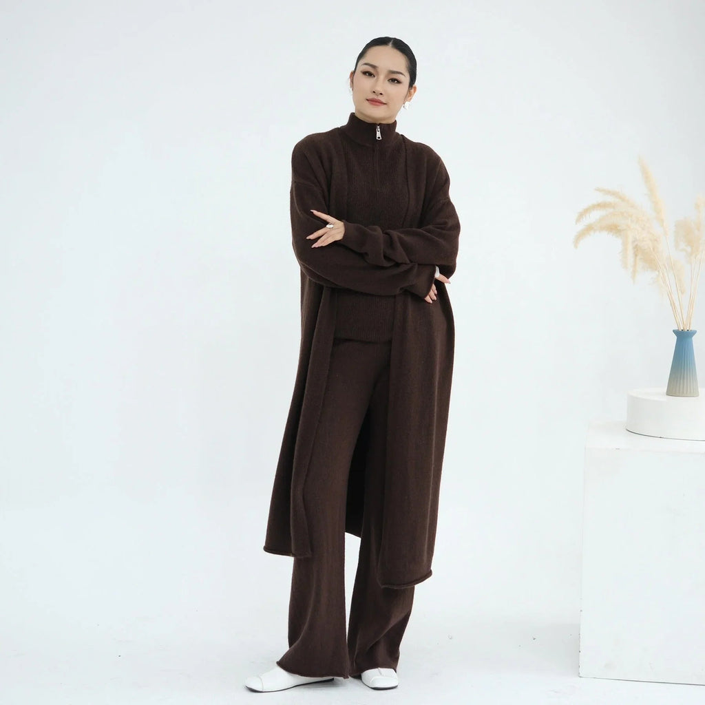 LM226 Ensemble Abaya Tricot Hiver 3 Pièces pour Femmes Musulmanes – Coordiné Modeste