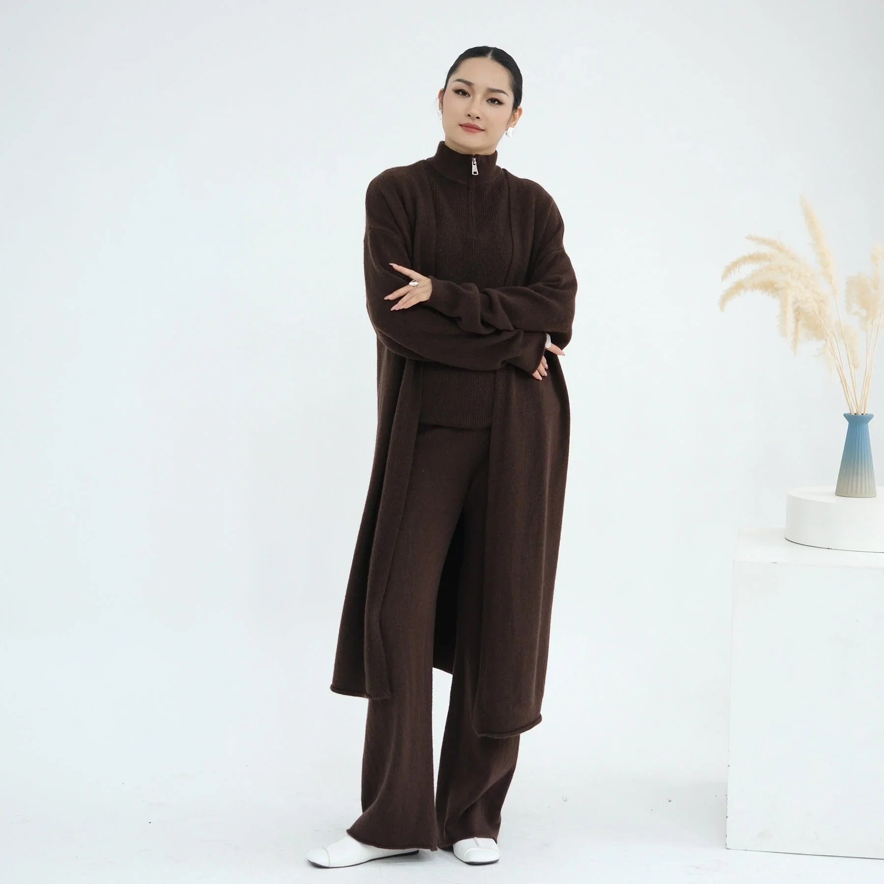 LM226 Ensemble Abaya Tricot Hiver 3 Pièces pour Femmes Musulmanes – Coordiné Modeste