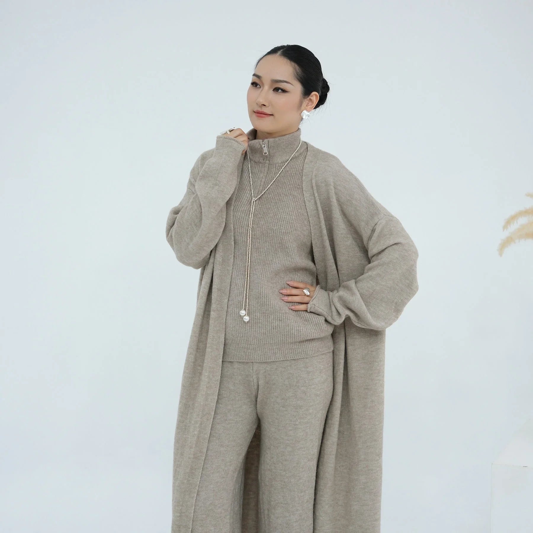 LM226 Ensemble Abaya Tricot Hiver 3 Pièces pour Femmes Musulmanes – Coordiné Modeste