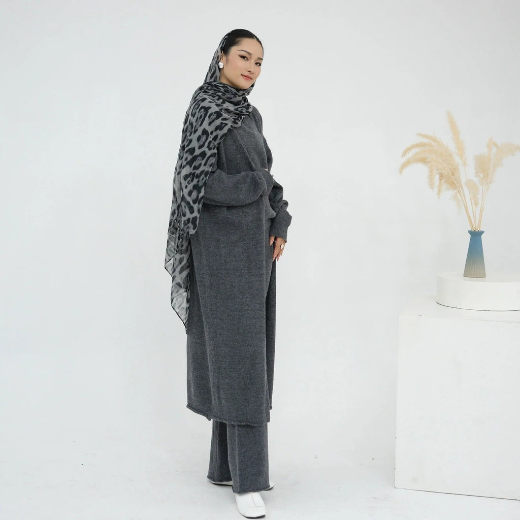 LM226 Ensemble Abaya Tricot Hiver 3 Pièces pour Femmes Musulmanes – Coordiné Modeste