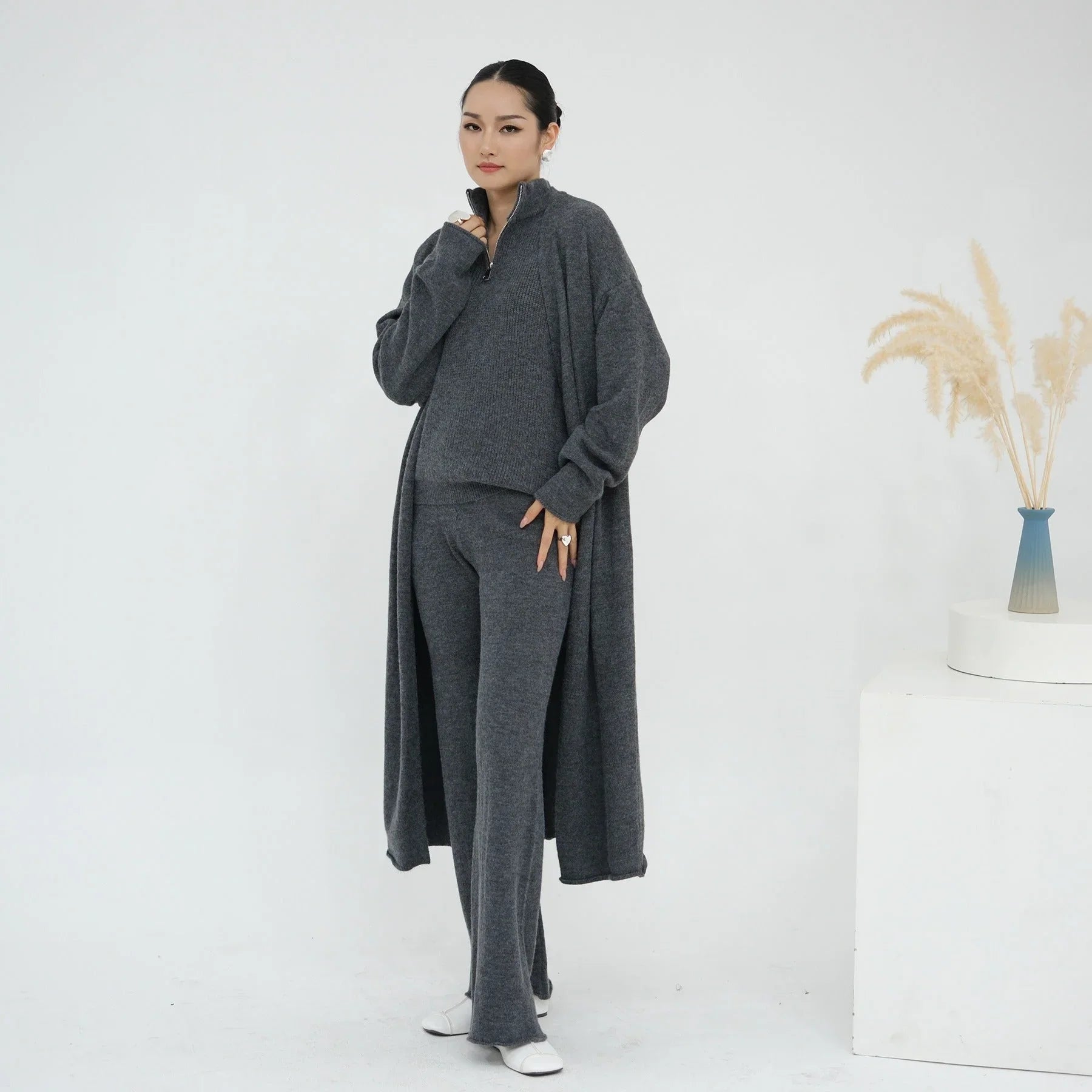 LM226 Ensemble Abaya Tricot Hiver 3 Pièces pour Femmes Musulmanes – Coordiné Modeste