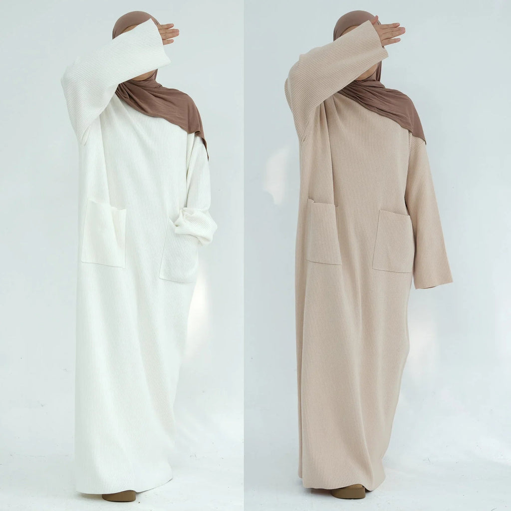LM227 Abaya Hiver avec Poches – Robe Modeste Manches Longues Ceinturée