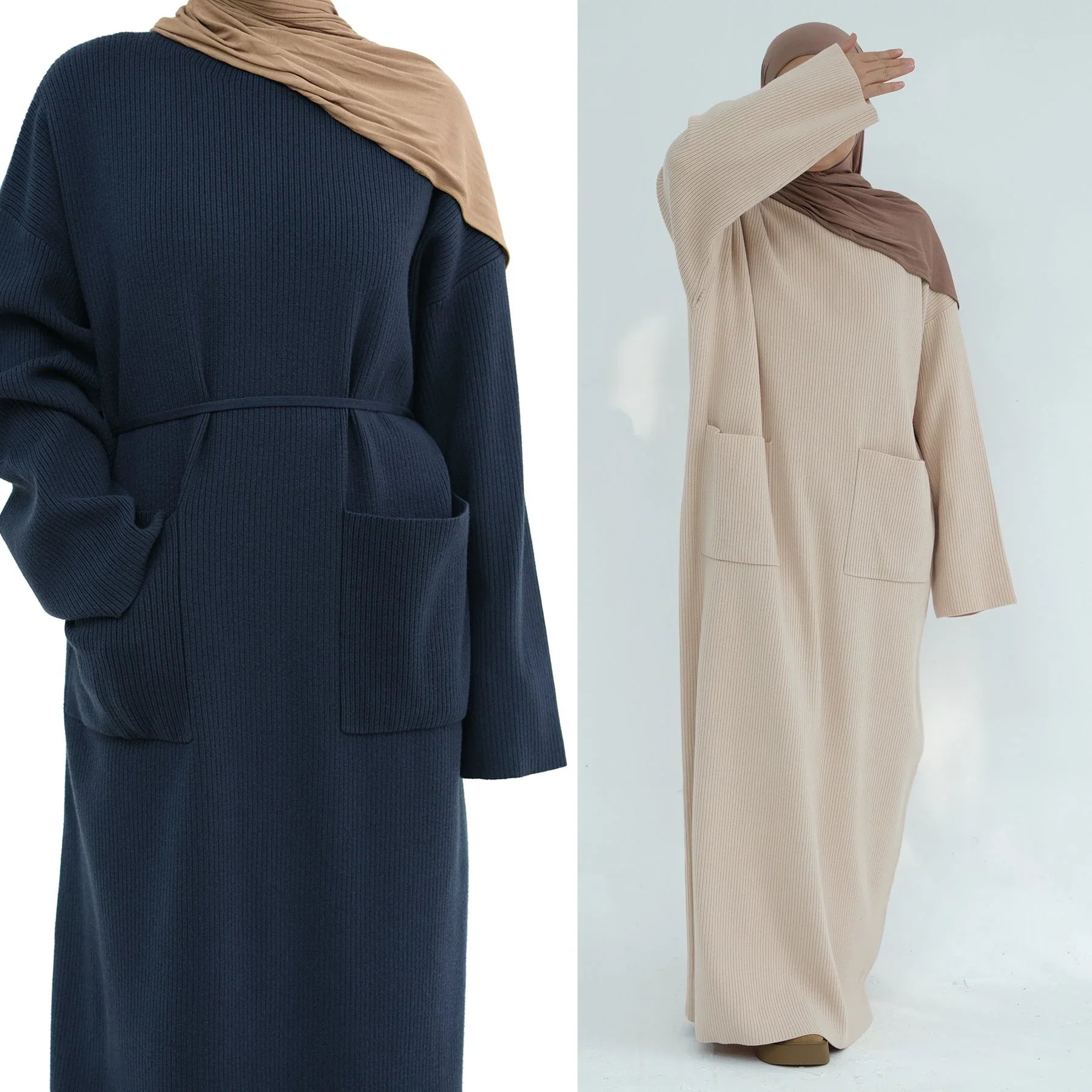 LM227 Abaya Hiver avec Poches – Robe Modeste Manches Longues Ceinturée