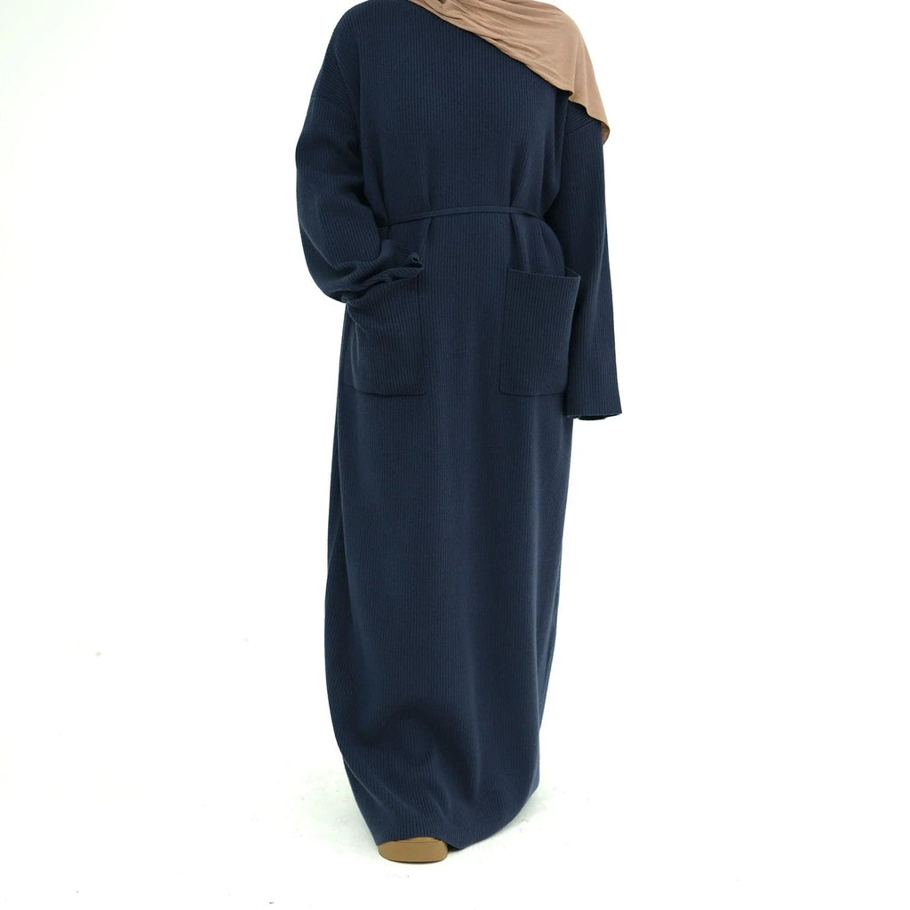 LM227 Abaya Hiver avec Poches – Robe Modeste Manches Longues Ceinturée