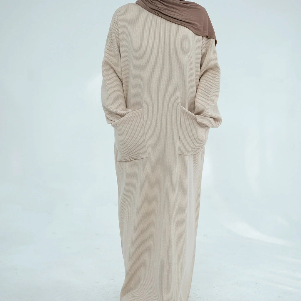LM227 Abaya Hiver avec Poches – Robe Modeste Manches Longues Ceinturée