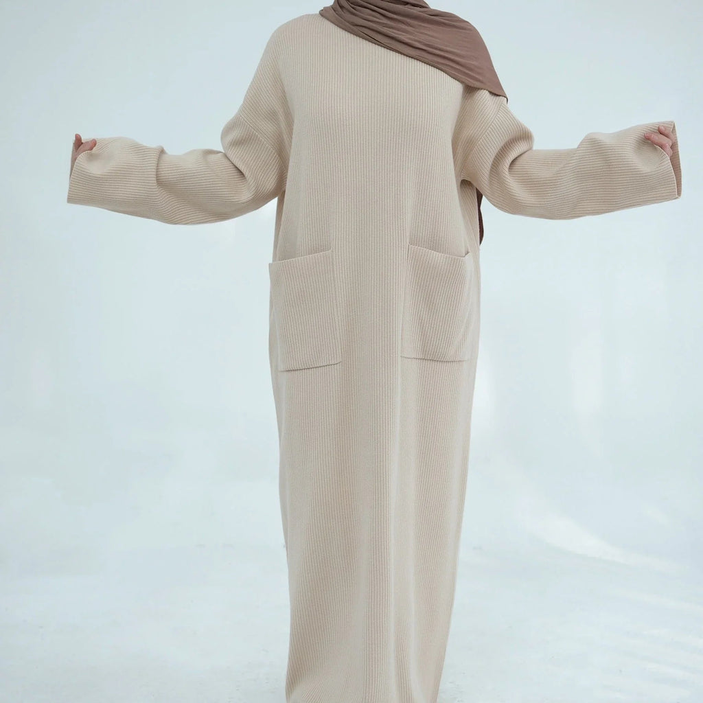 LM227 Abaya Hiver avec Poches – Robe Modeste Manches Longues Ceinturée