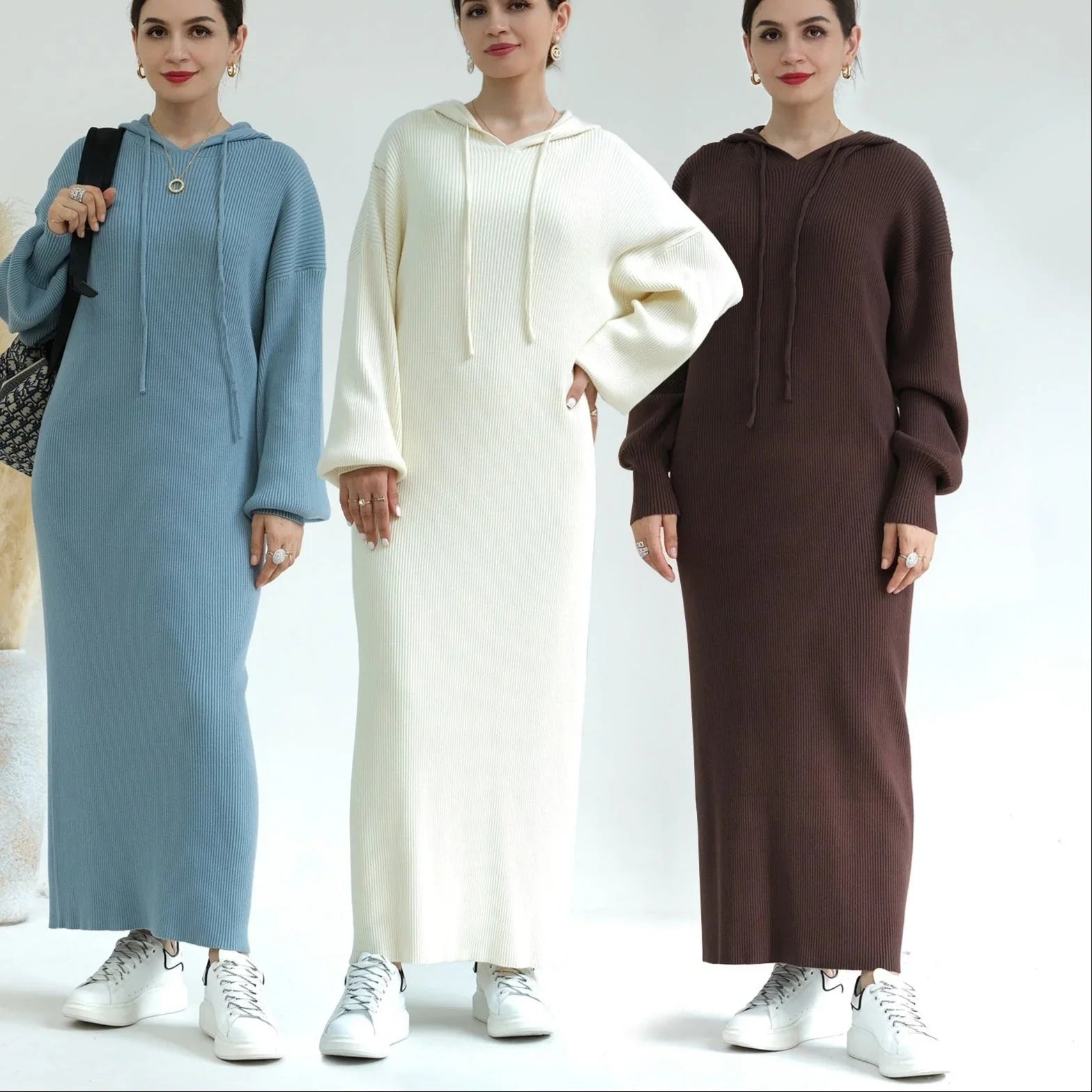 LM228 Abaya à Capuche pour Femmes – Robe Pull Oversize Tricot Épais