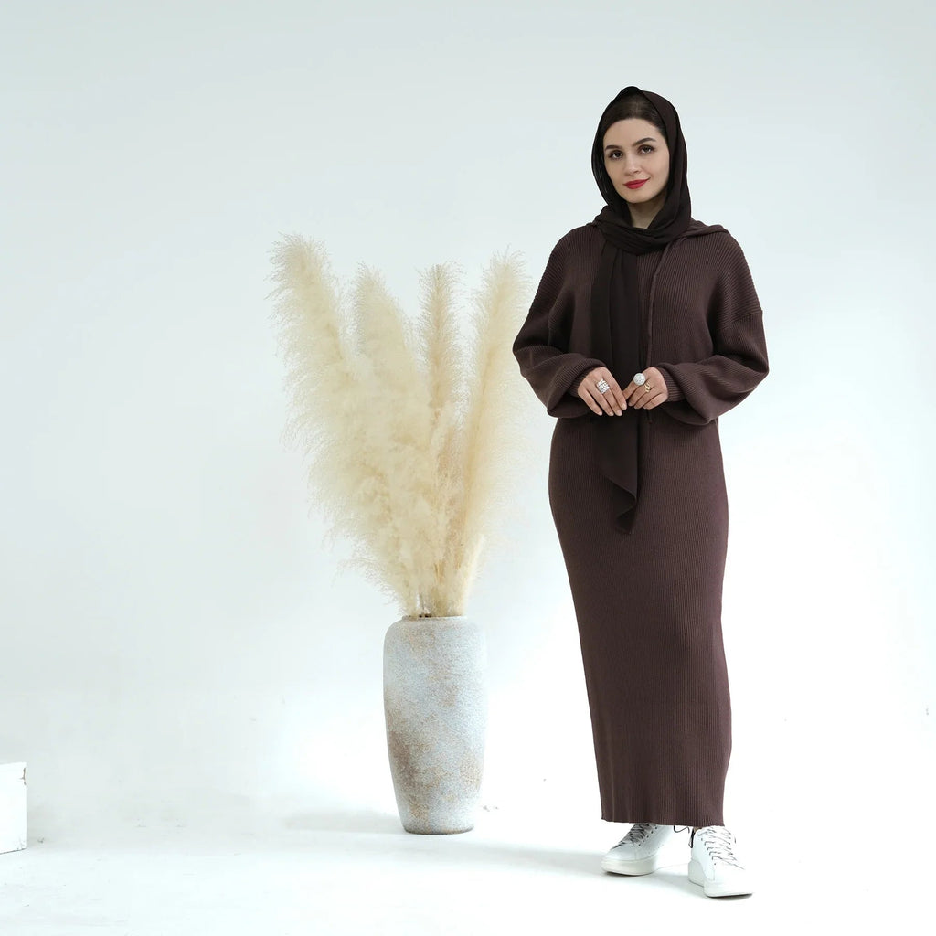 LM228 Abaya à Capuche pour Femmes – Robe Pull Oversize Tricot Épais
