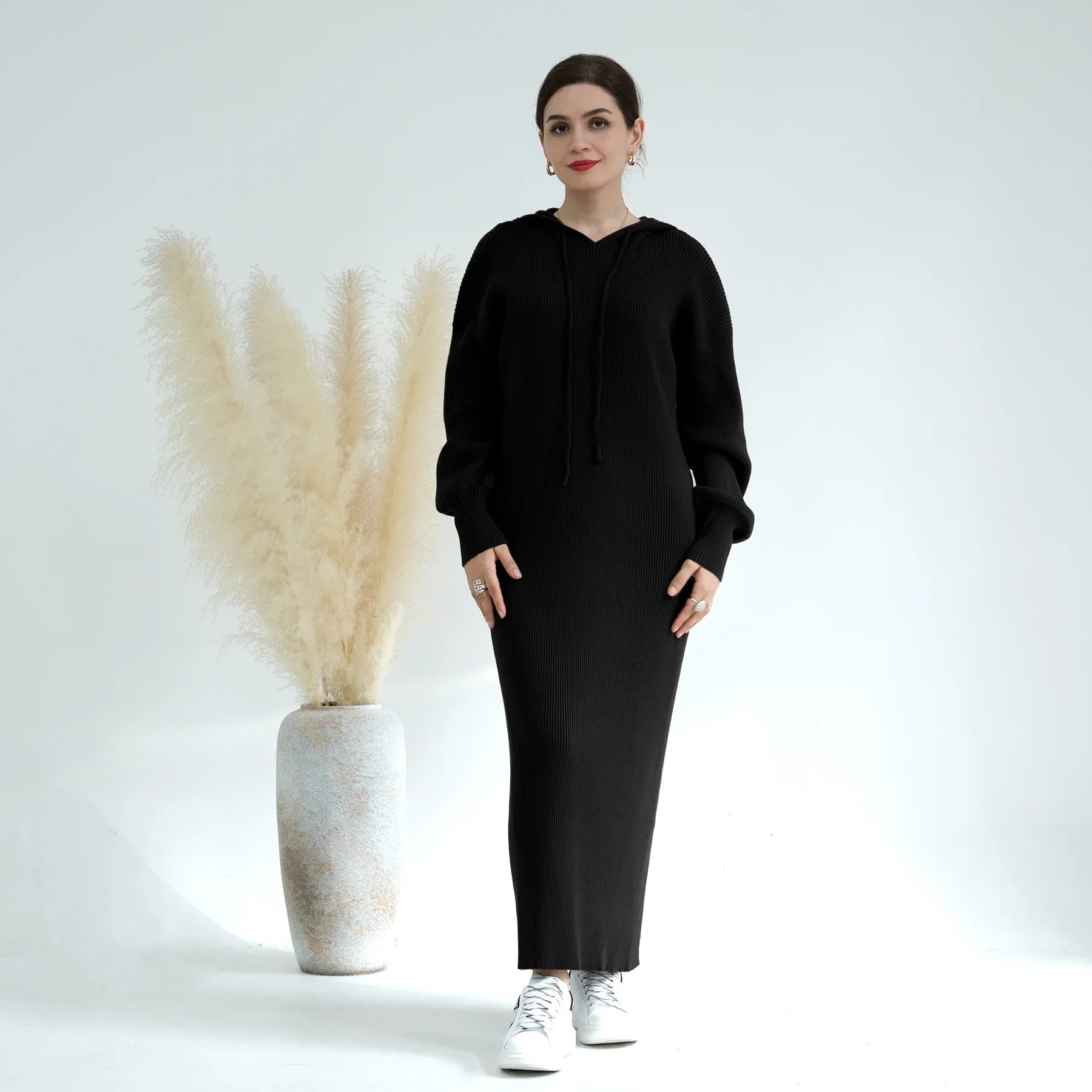 LM228 Abaya à Capuche pour Femmes – Robe Pull Oversize Tricot Épais