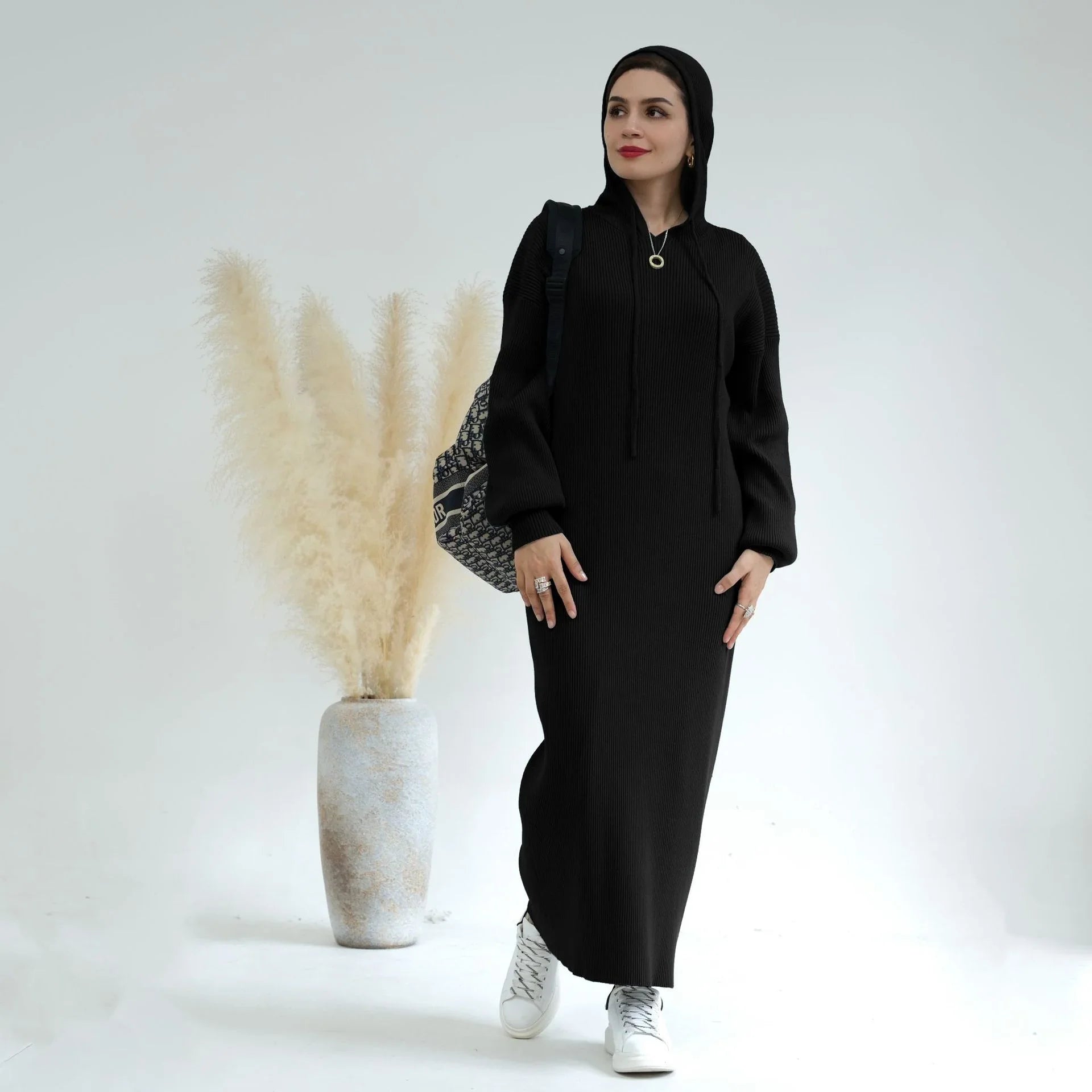 LM228 Abaya à Capuche pour Femmes – Robe Pull Oversize Tricot Épais