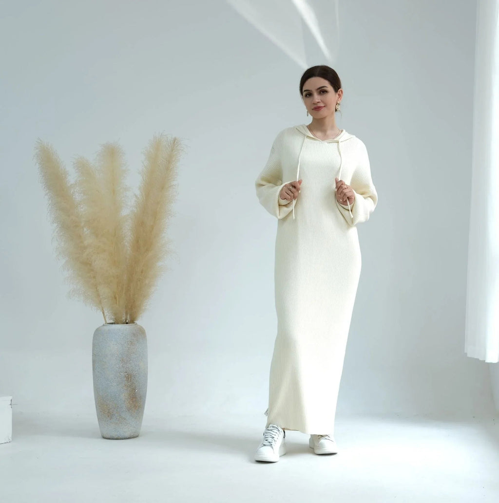 LM228 Abaya à Capuche pour Femmes – Robe Pull Oversize Tricot Épais