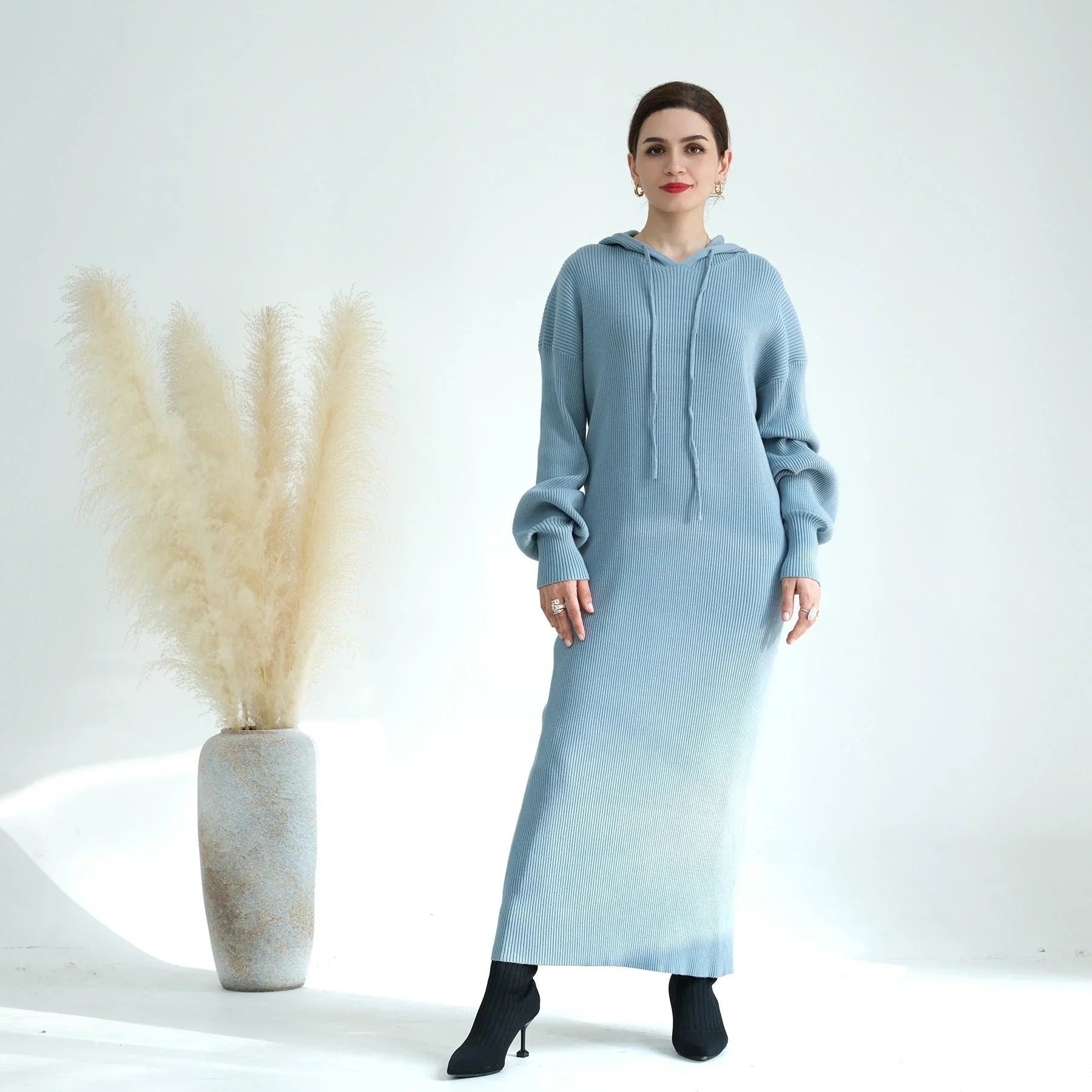 LM228 Abaya à Capuche pour Femmes – Robe Pull Oversize Tricot Épais
