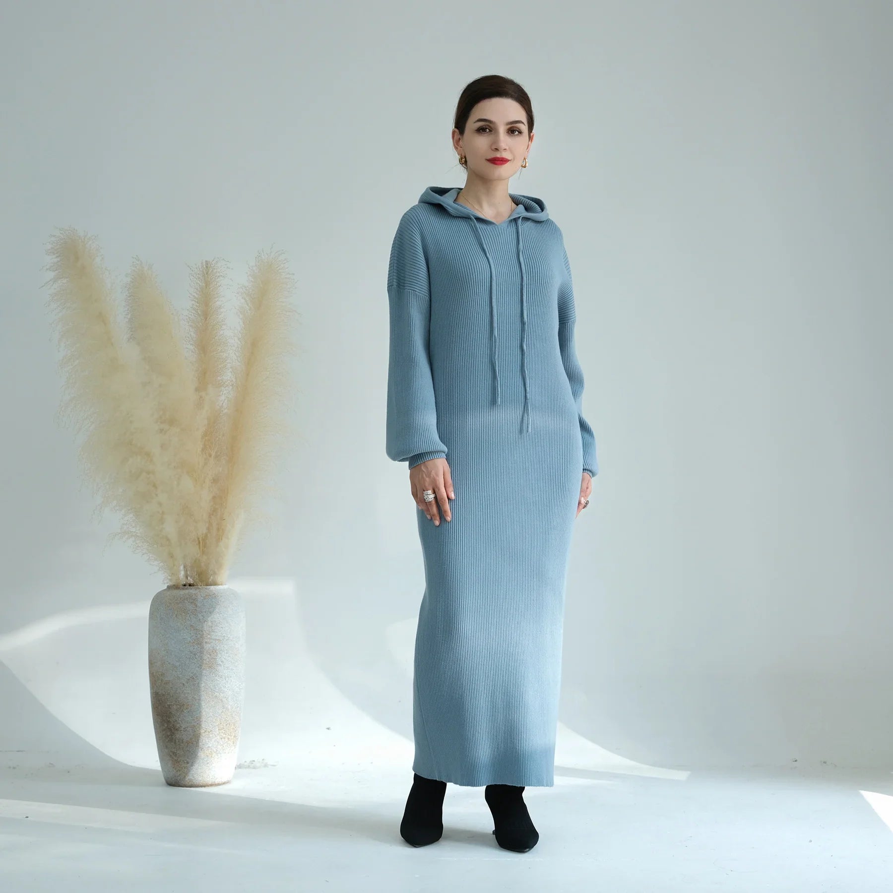 LM228 Abaya à Capuche pour Femmes – Robe Pull Oversize Tricot Épais