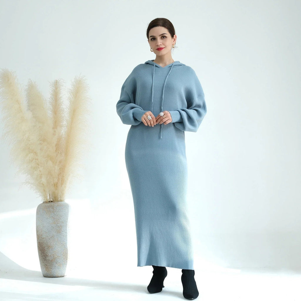 LM228 Abaya à Capuche pour Femmes – Robe Pull Oversize Tricot Épais