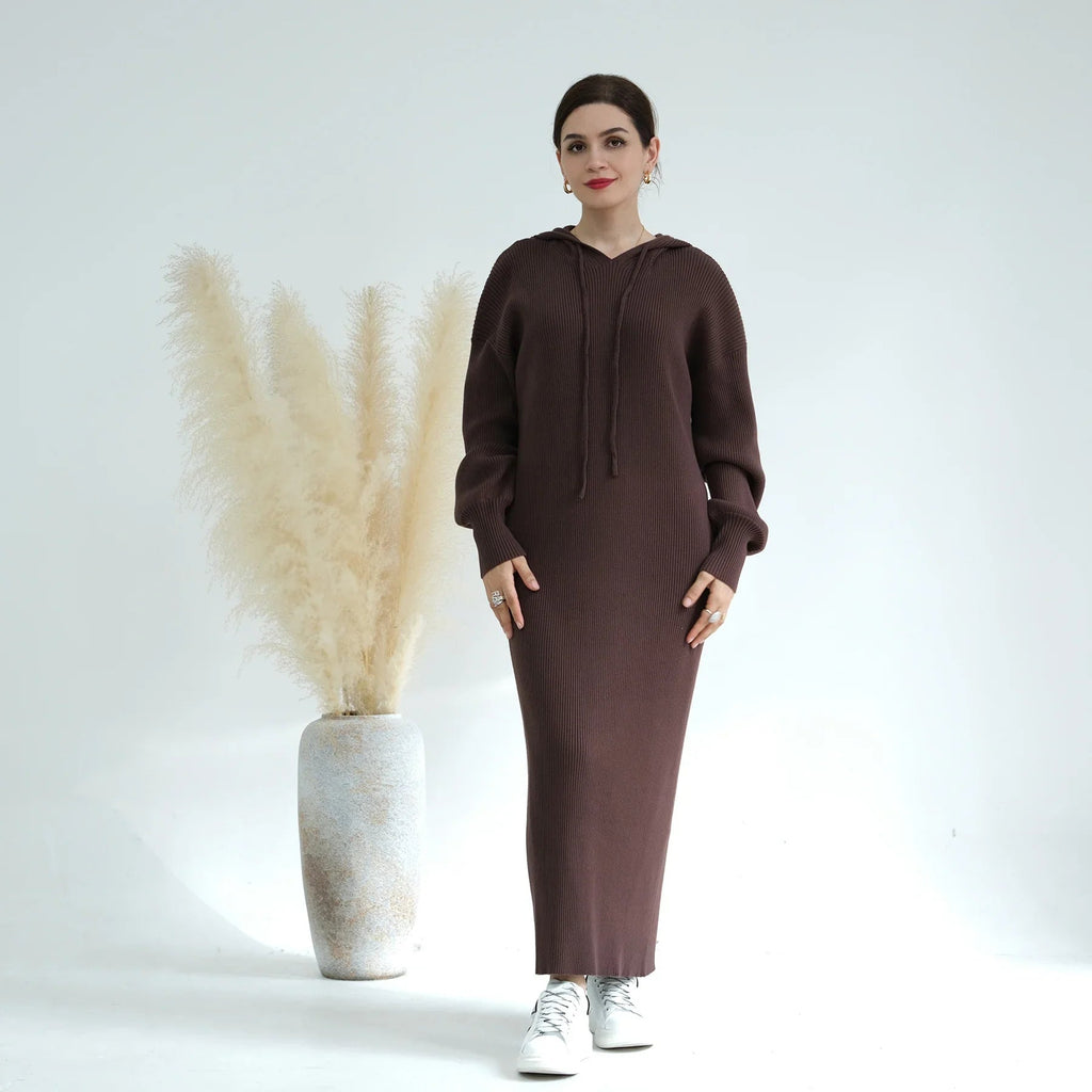 LM228 Abaya à Capuche pour Femmes – Robe Pull Oversize Tricot Épais