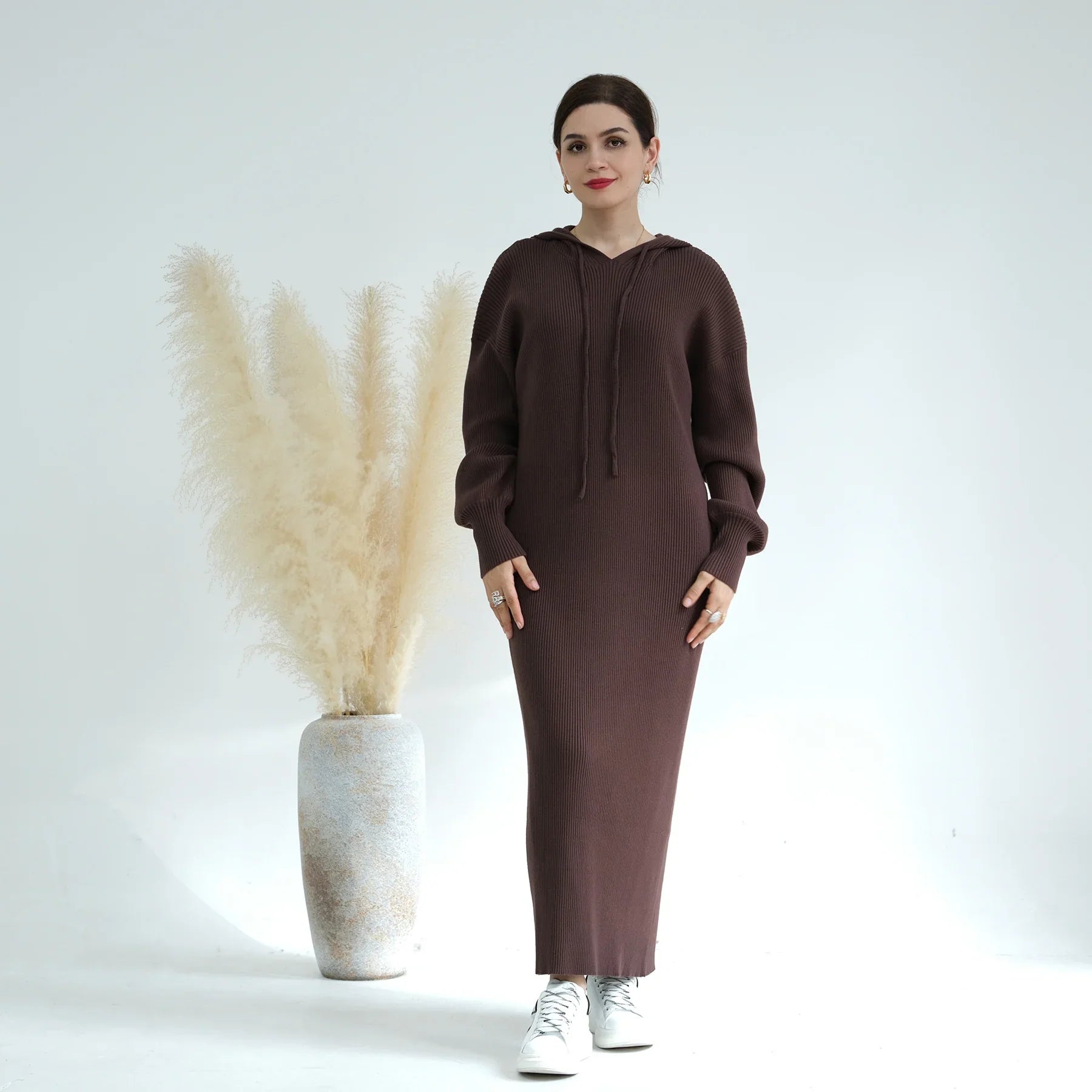 LM228 Abaya à Capuche pour Femmes – Robe Pull Oversize Tricot Épais