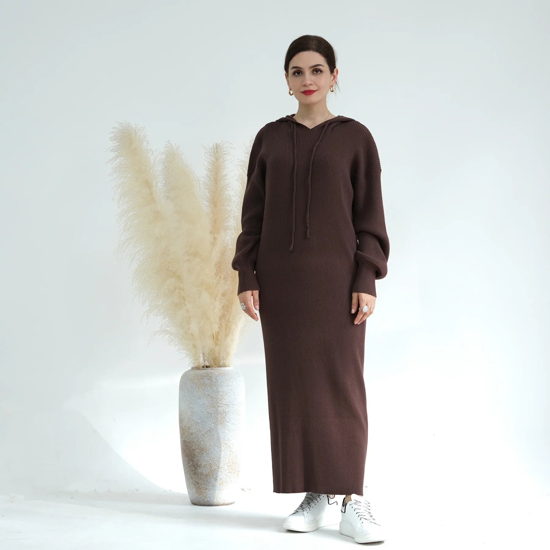 LM228 Abaya à Capuche pour Femmes – Robe Pull Oversize Tricot Épais