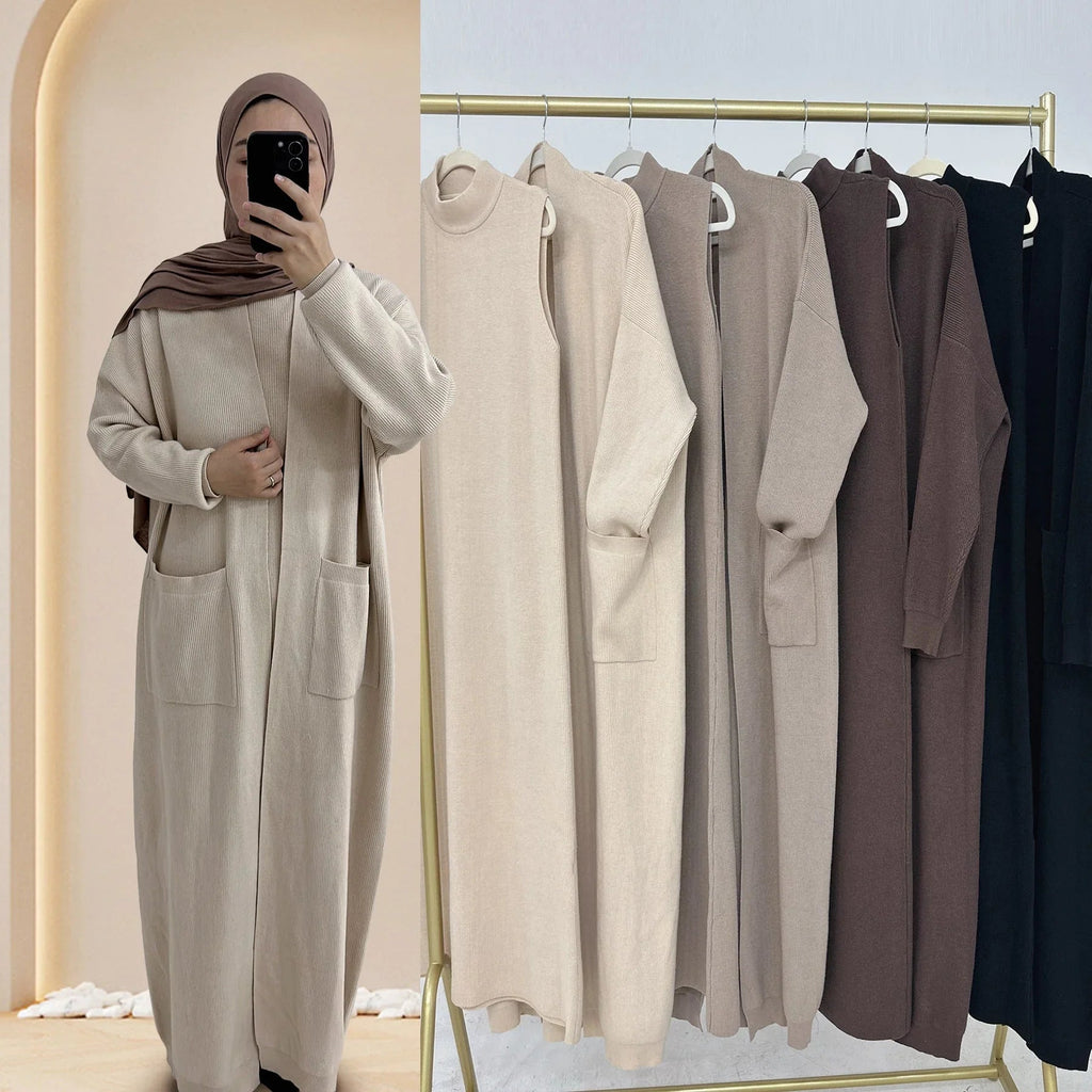 LM229 Ensemble Abaya Tricot Hiver – Coordiné Modeste 2 Pièces avec Poches