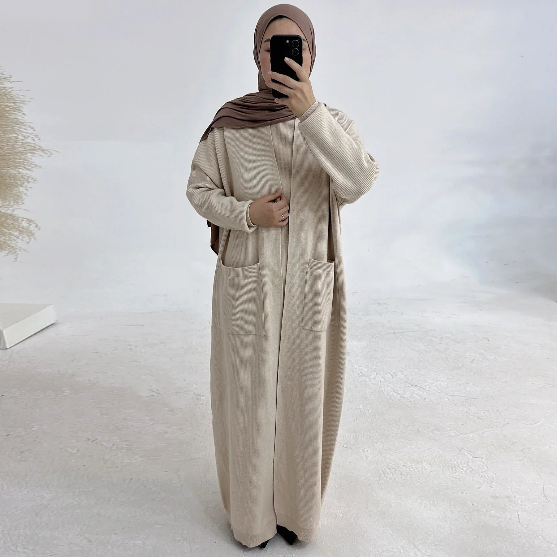 LM229 Ensemble Abaya Tricot Hiver – Coordiné Modeste 2 Pièces avec Poches