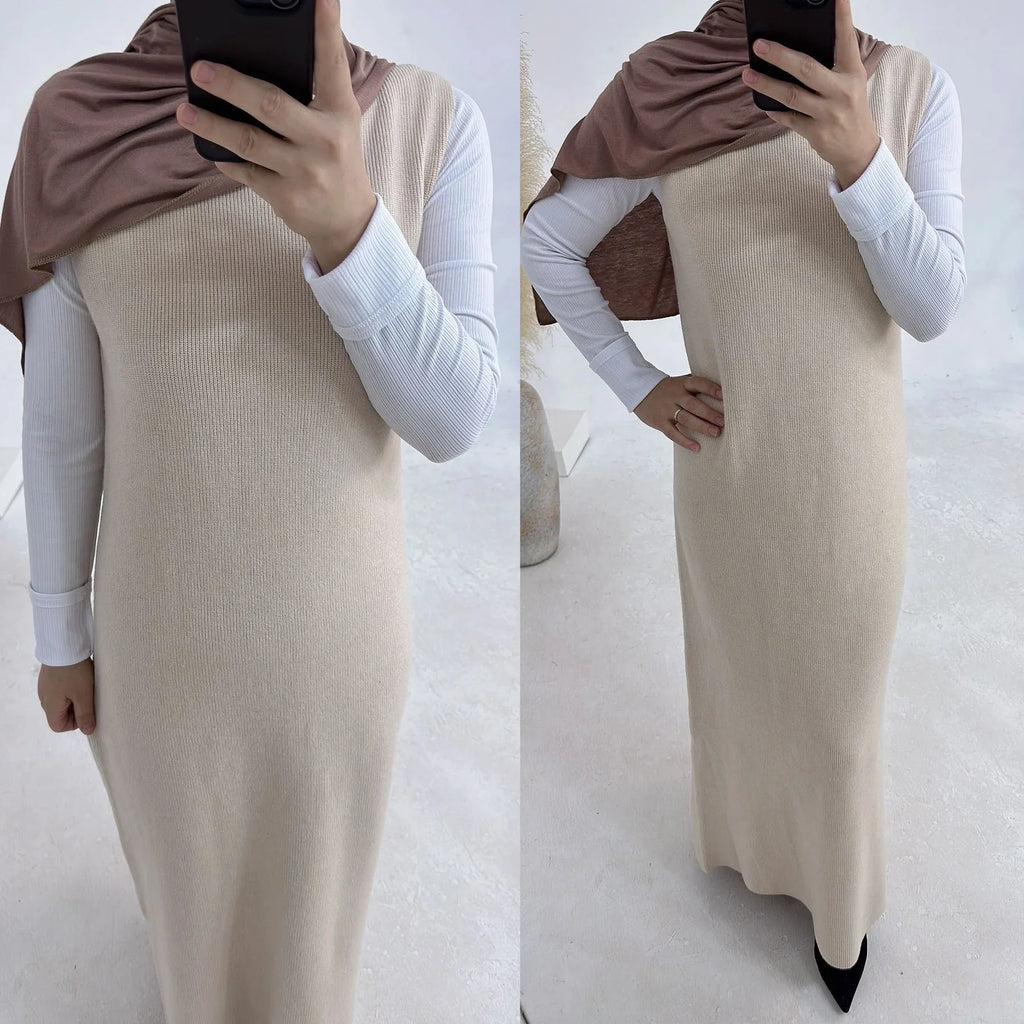 LM229 Ensemble Abaya Tricot Hiver – Coordiné Modeste 2 Pièces avec Poches