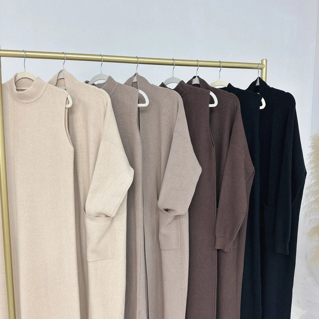 LM229 Ensemble Abaya Tricot Hiver – Coordiné Modeste 2 Pièces avec Poches
