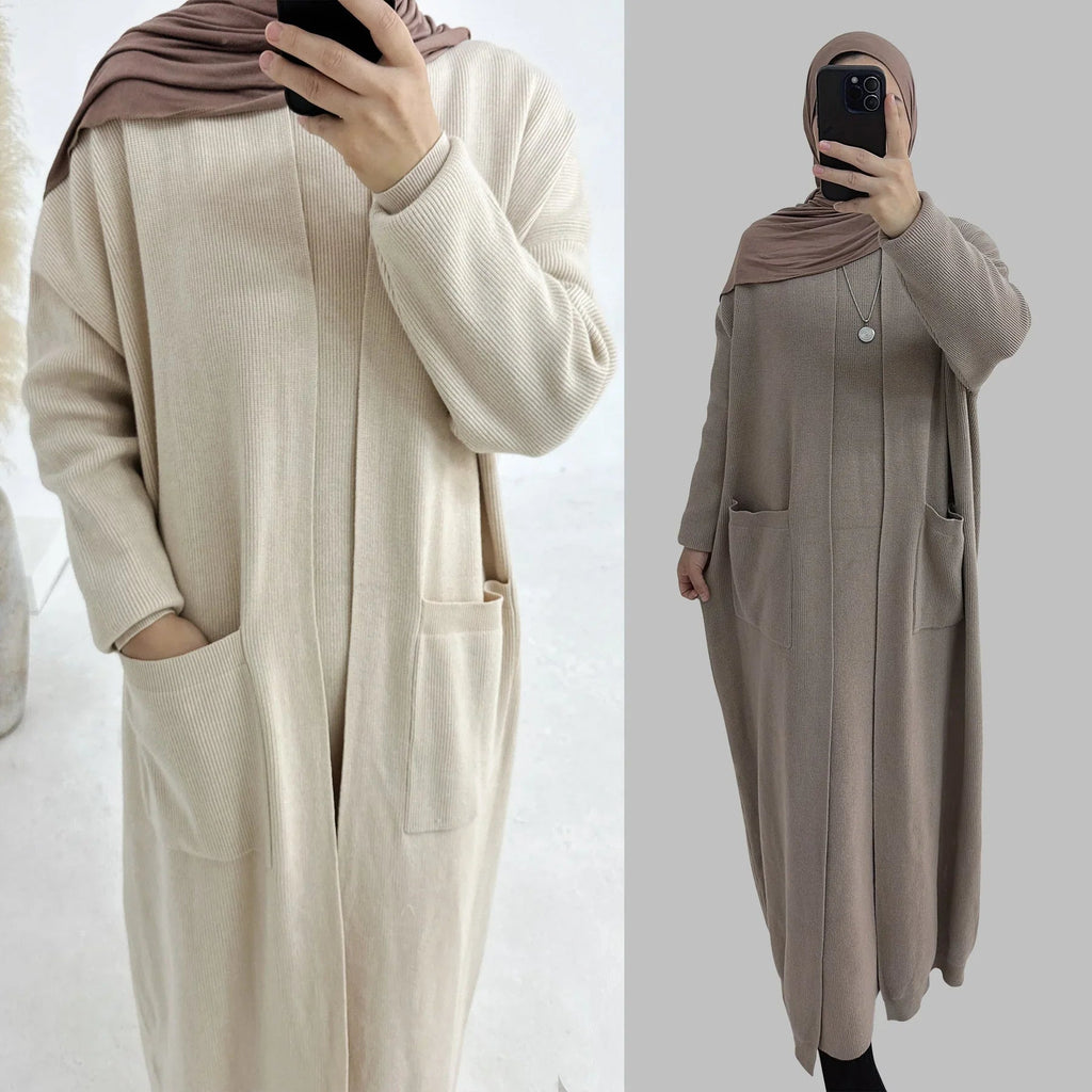 LM229 Ensemble Abaya Tricot Hiver – Coordiné Modeste 2 Pièces avec Poches