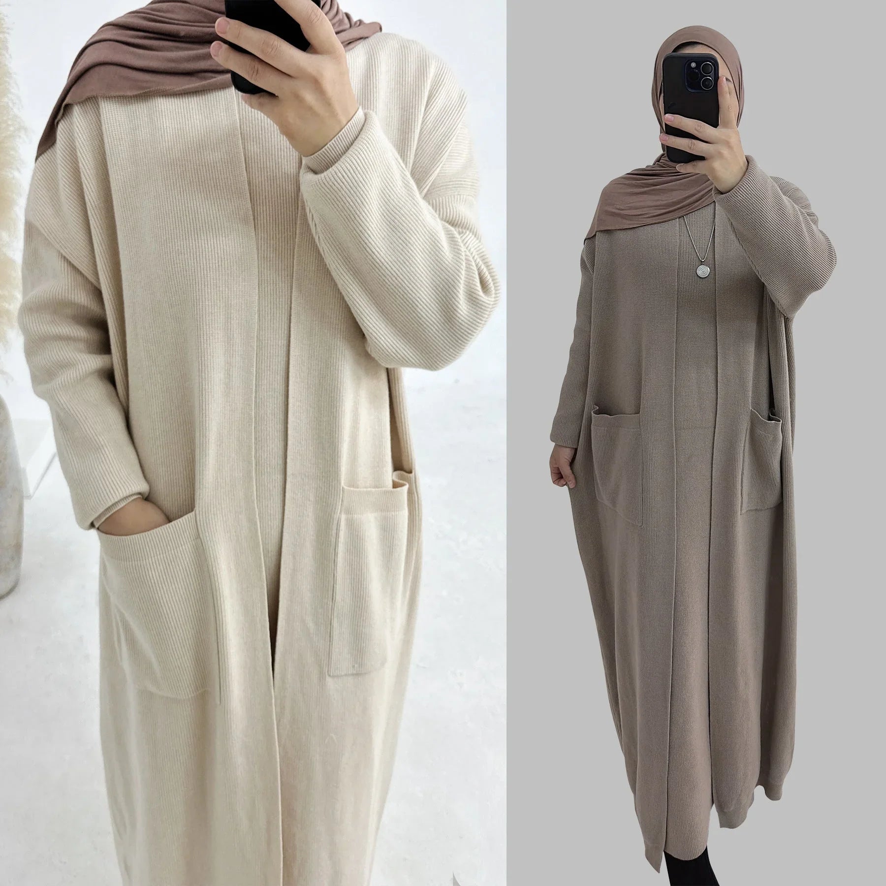 LM229 Ensemble Abaya Tricot Hiver – Coordiné Modeste 2 Pièces avec Poches