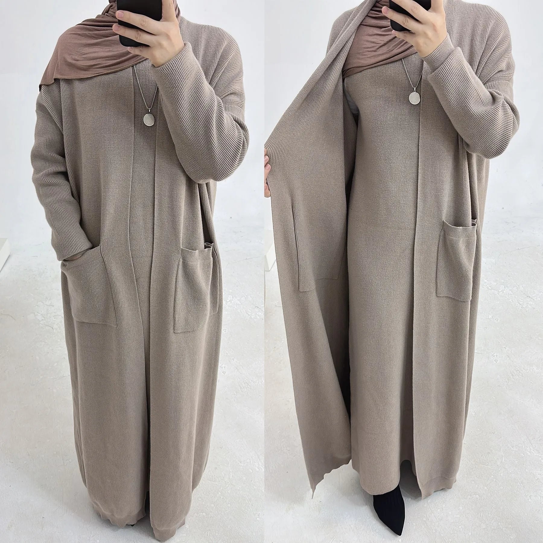 LM229 Ensemble Abaya Tricot Hiver – Coordiné Modeste 2 Pièces avec Poches