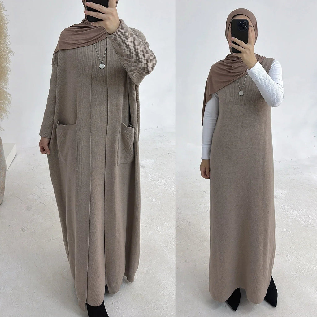 LM229 Ensemble Abaya Tricot Hiver – Coordiné Modeste 2 Pièces avec Poches