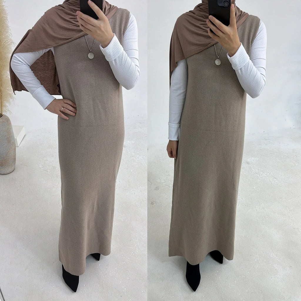 LM229 Ensemble Abaya Tricot Hiver – Coordiné Modeste 2 Pièces avec Poches