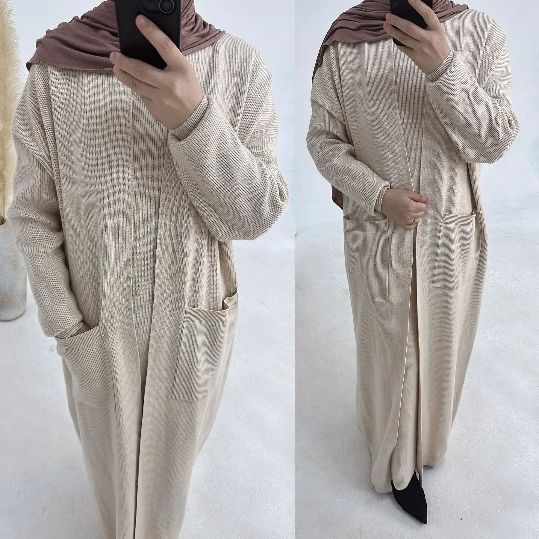 LM229 Ensemble Abaya Tricot Hiver – Coordiné Modeste 2 Pièces avec Poches
