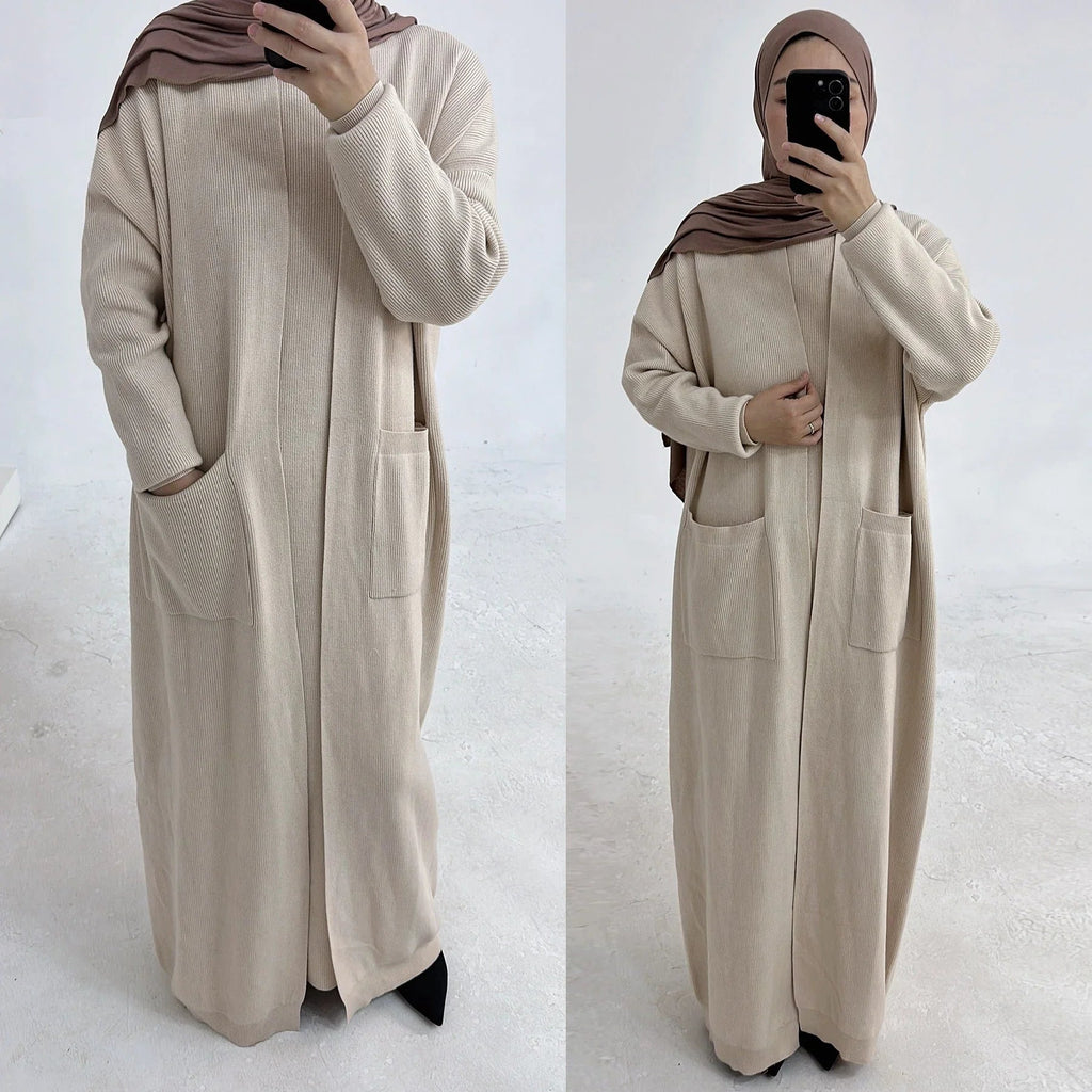 LM229 Ensemble Abaya Tricot Hiver – Coordiné Modeste 2 Pièces avec Poches