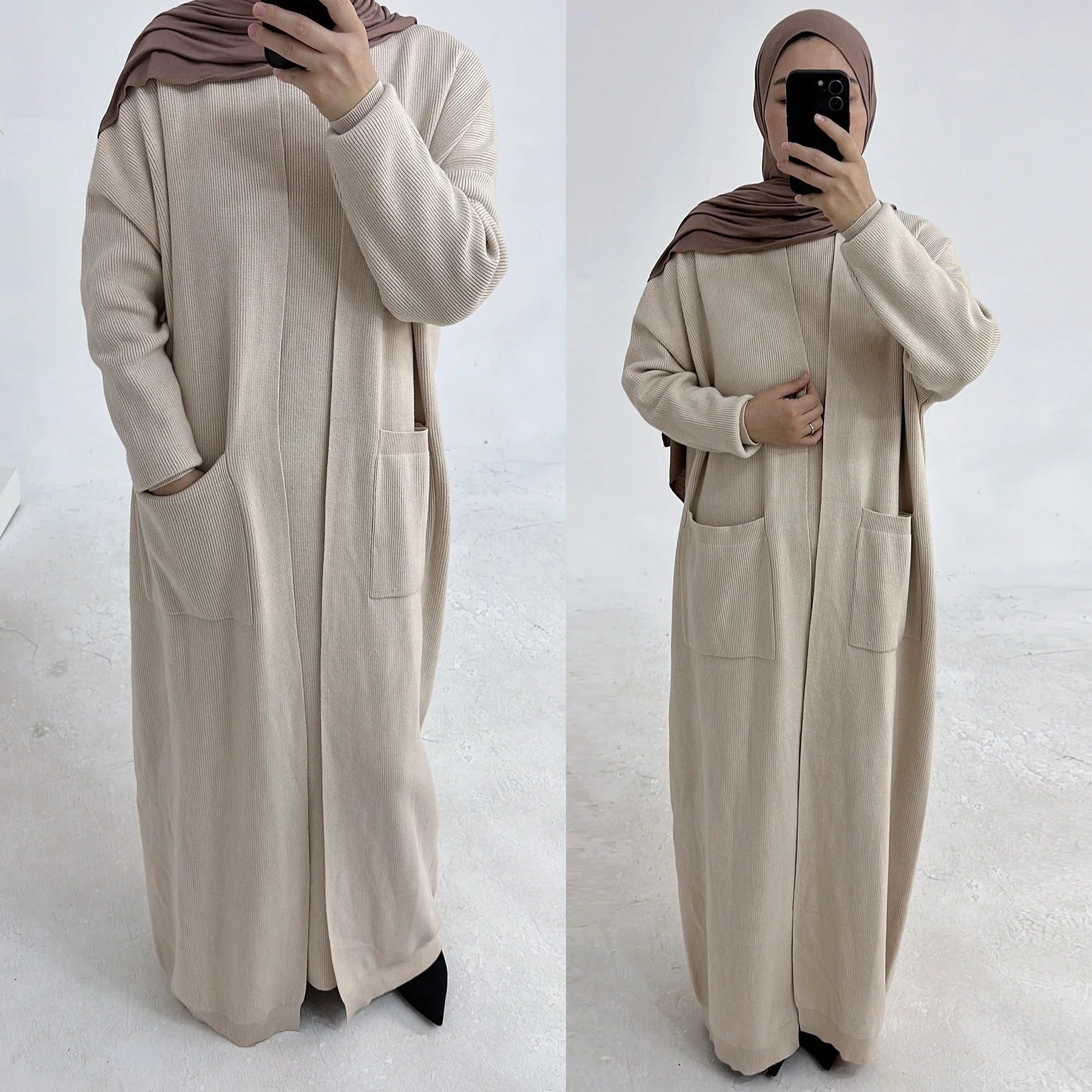 LM229 Ensemble Abaya Tricot Hiver – Coordiné Modeste 2 Pièces avec Poches