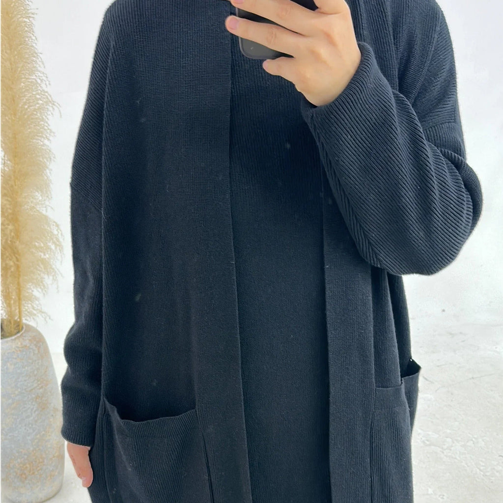 LM229 Ensemble Abaya Tricot Hiver – Coordiné Modeste 2 Pièces avec Poches