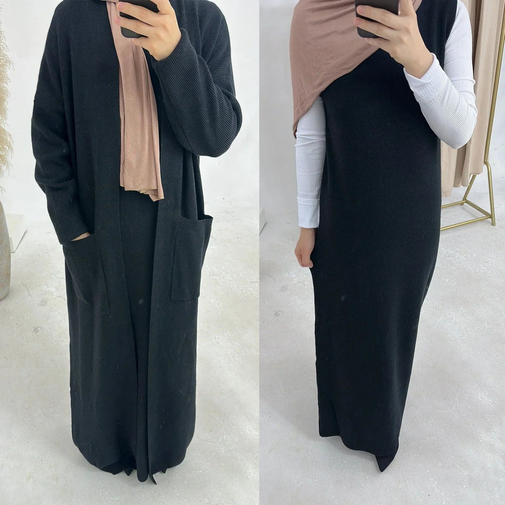 LM229 Ensemble Abaya Tricot Hiver – Coordiné Modeste 2 Pièces avec Poches