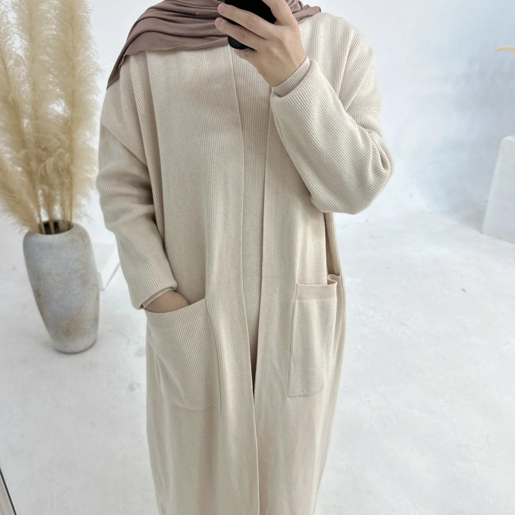 LM229 Ensemble Abaya Tricot Hiver – Coordiné Modeste 2 Pièces avec Poches