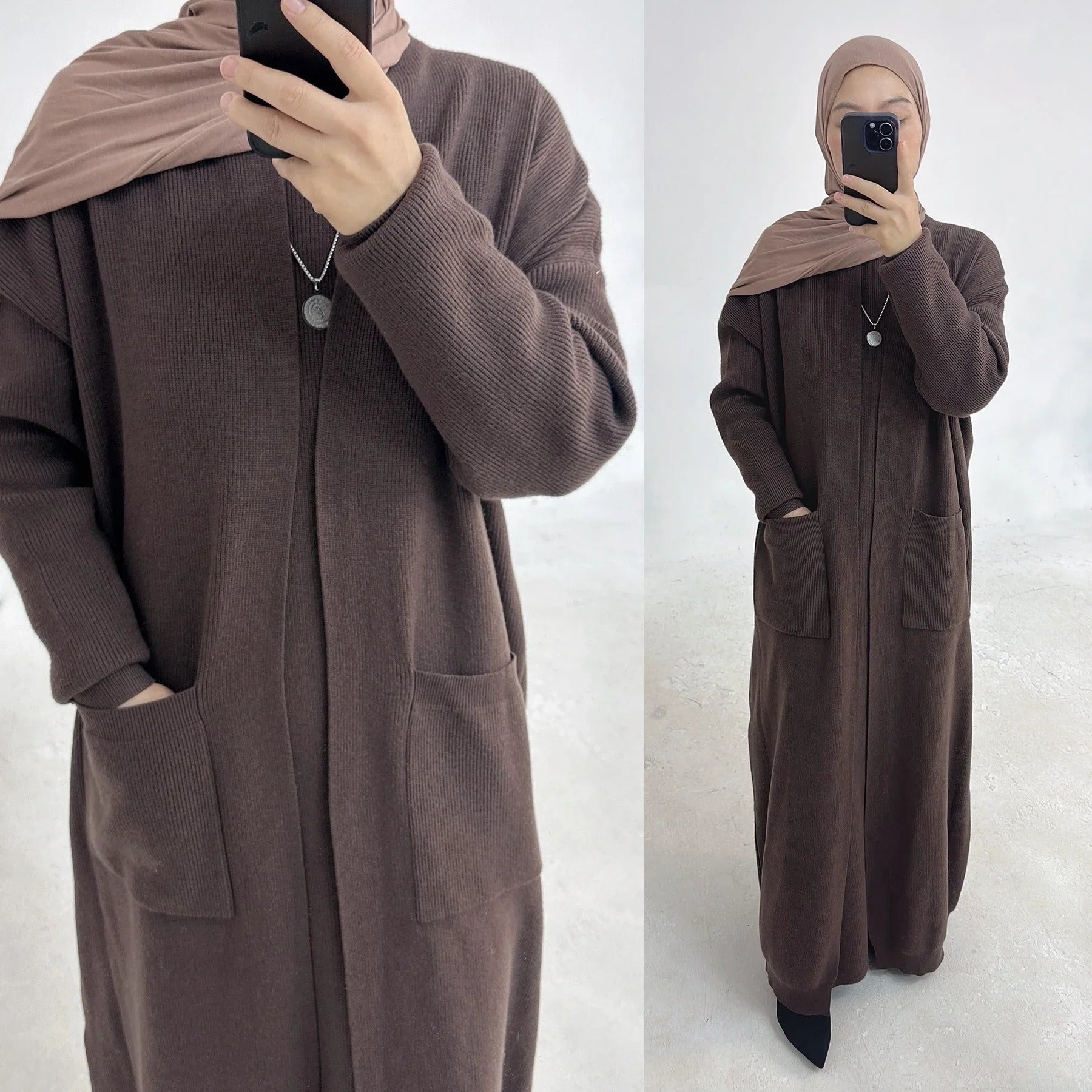 LM229 Ensemble Abaya Tricot Hiver – Coordiné Modeste 2 Pièces avec Poches