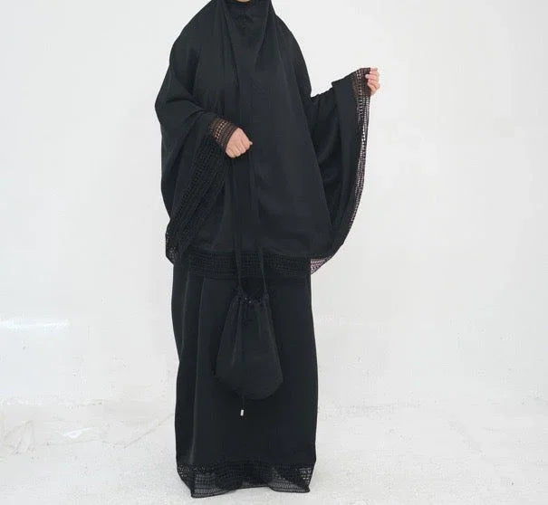 LM300 Ensemble Khimar de Prière – Tenue Modeste 4 Pièces avec Bordure en Dentelle