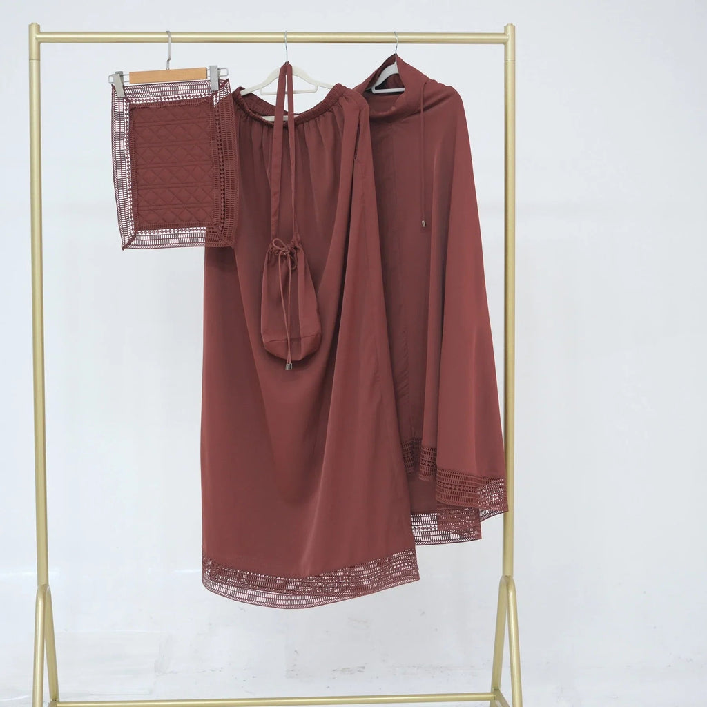 LM300 Ensemble Khimar de Prière – Tenue Modeste 4 Pièces avec Bordure en Dentelle