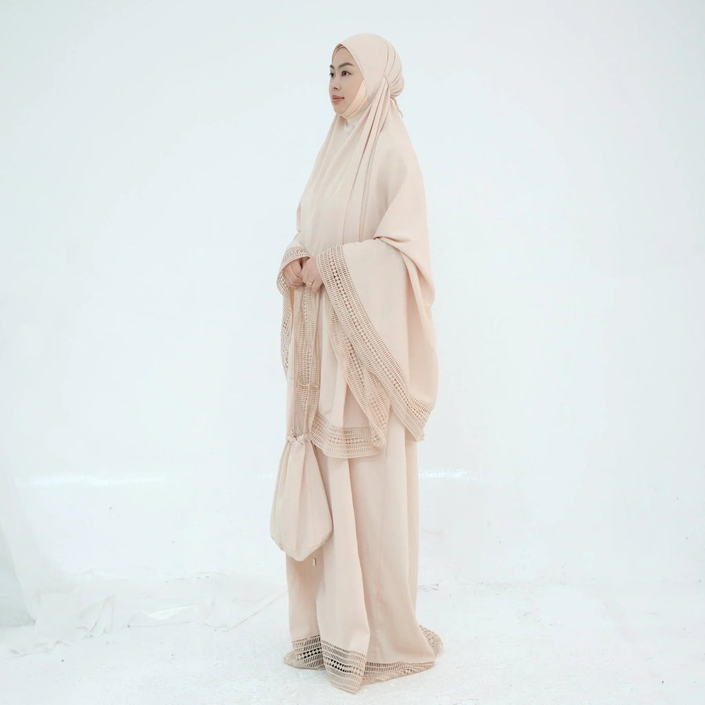 LM300 Ensemble Khimar de Prière – Tenue Modeste 4 Pièces avec Bordure en Dentelle