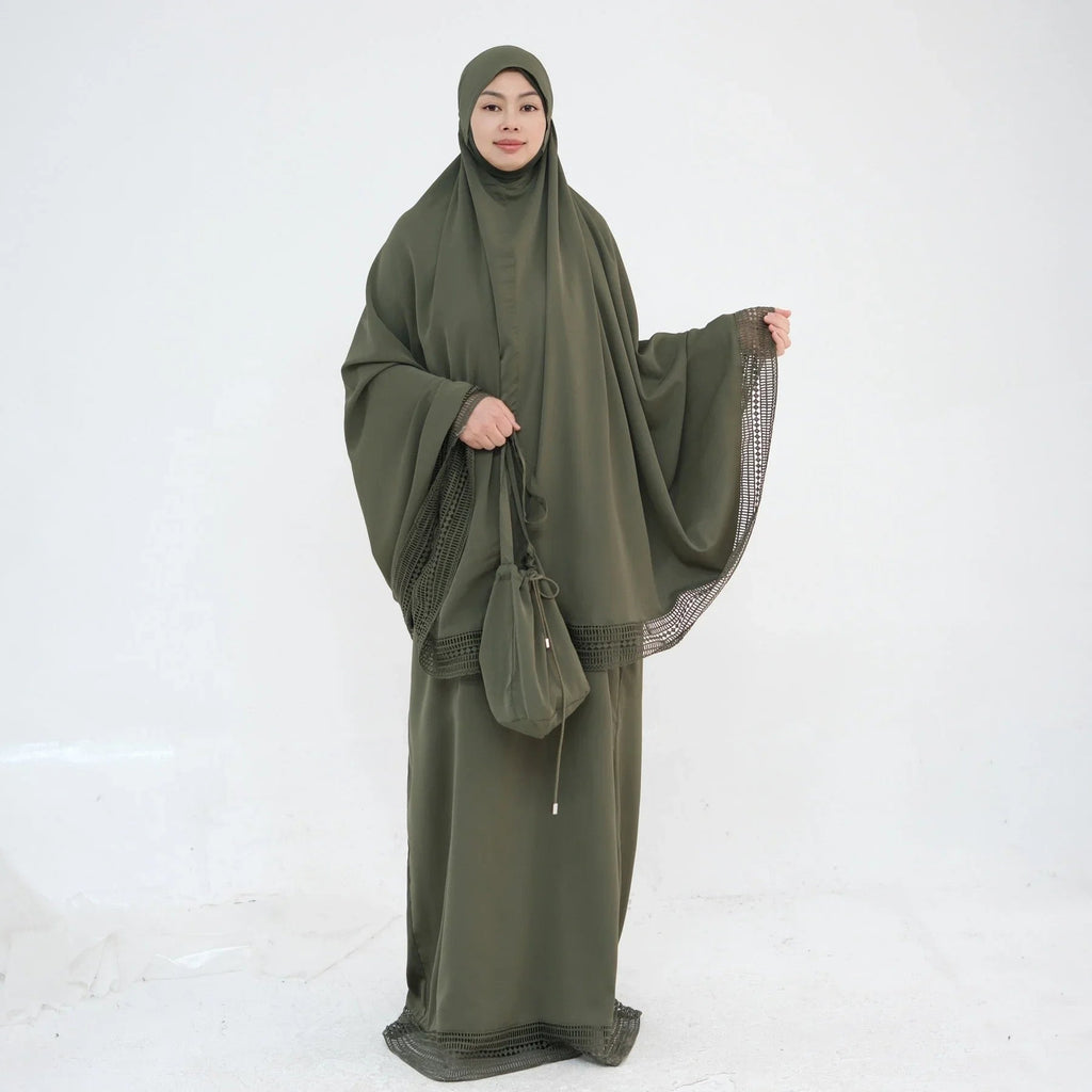 LM300 Ensemble Khimar de Prière – Tenue Modeste 4 Pièces avec Bordure en Dentelle